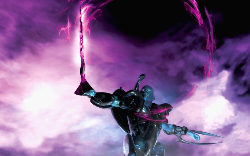 blue alien warrior with energy weapon