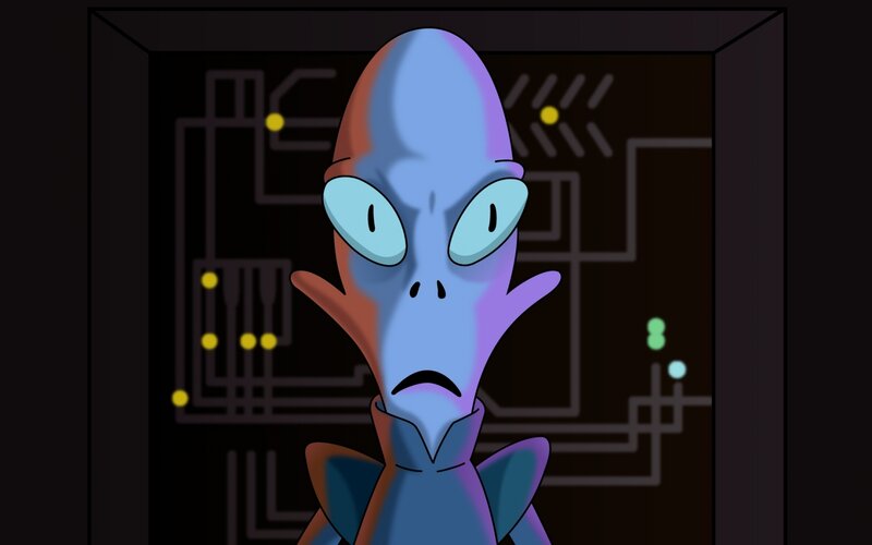 blue alien with circuit background