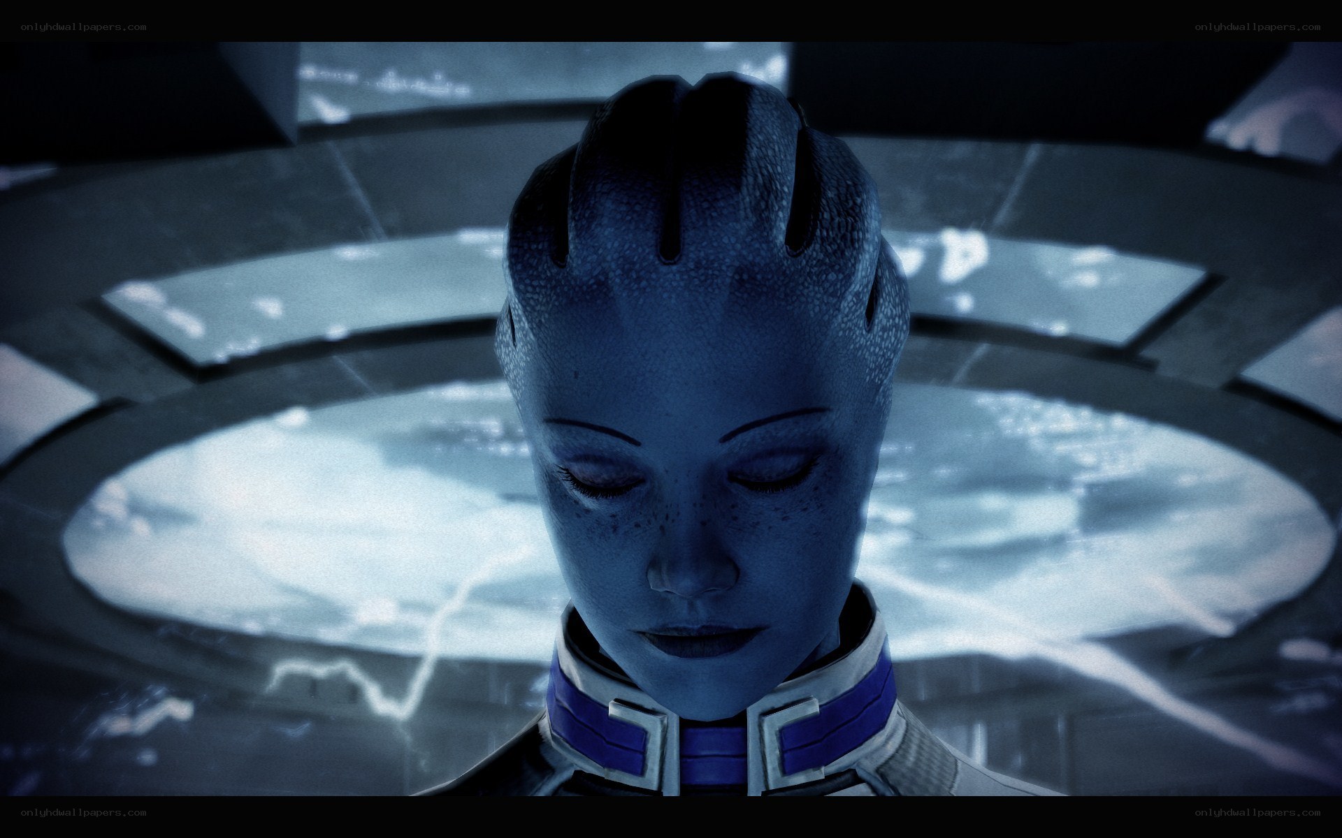 blue alien with closed eyes