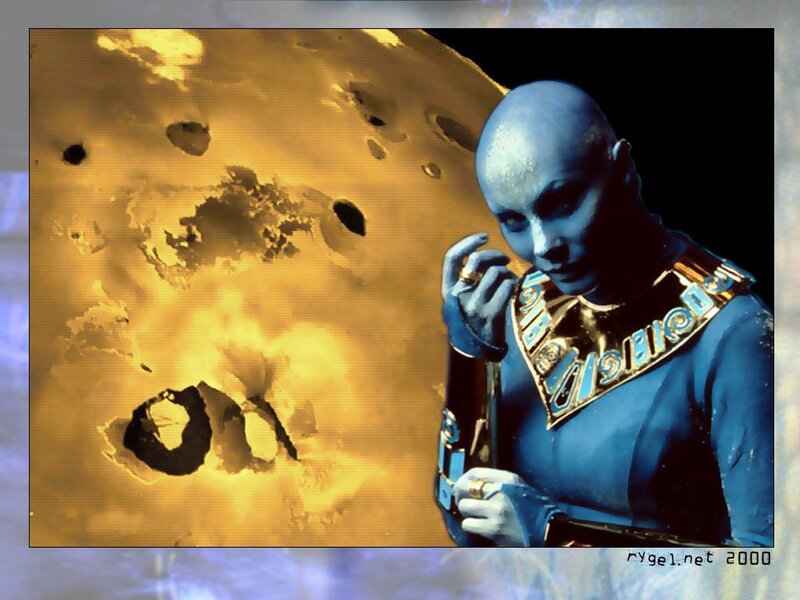 blue alien with golden planet