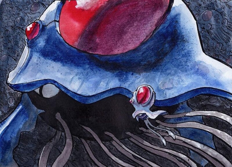 blue alien with red eyes