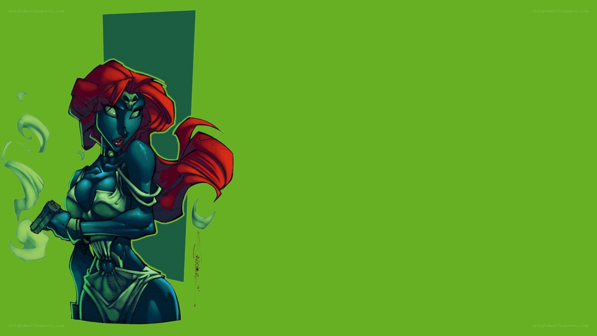 blue alien with red hair