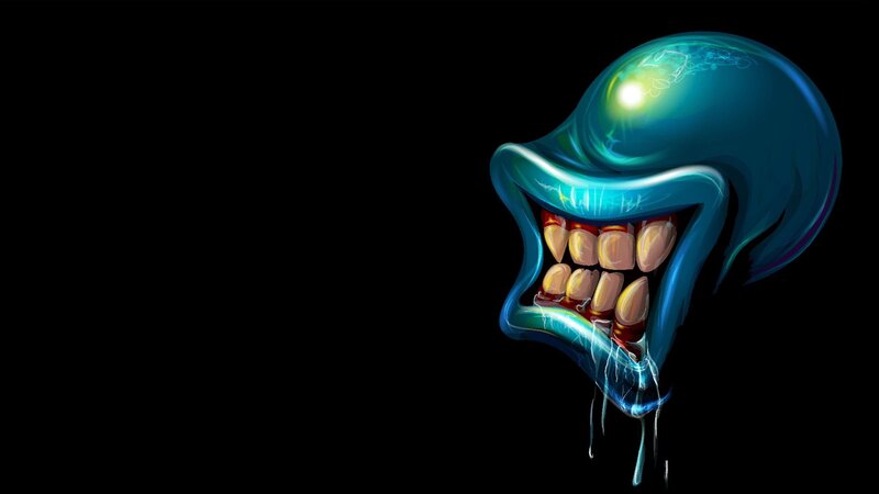 blue alien with sharp teeth