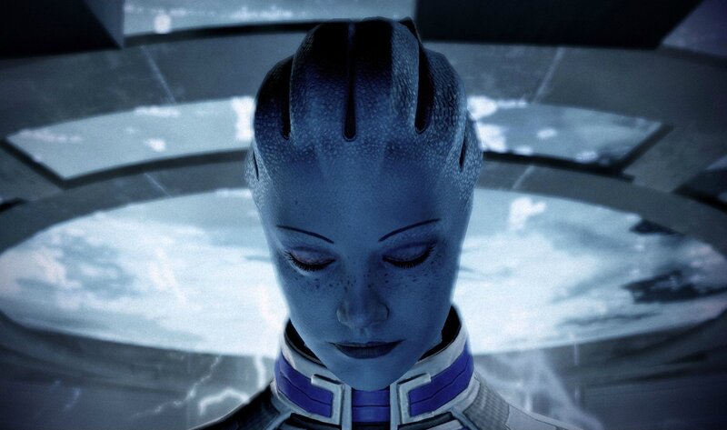 blue alien woman in futuristic setting