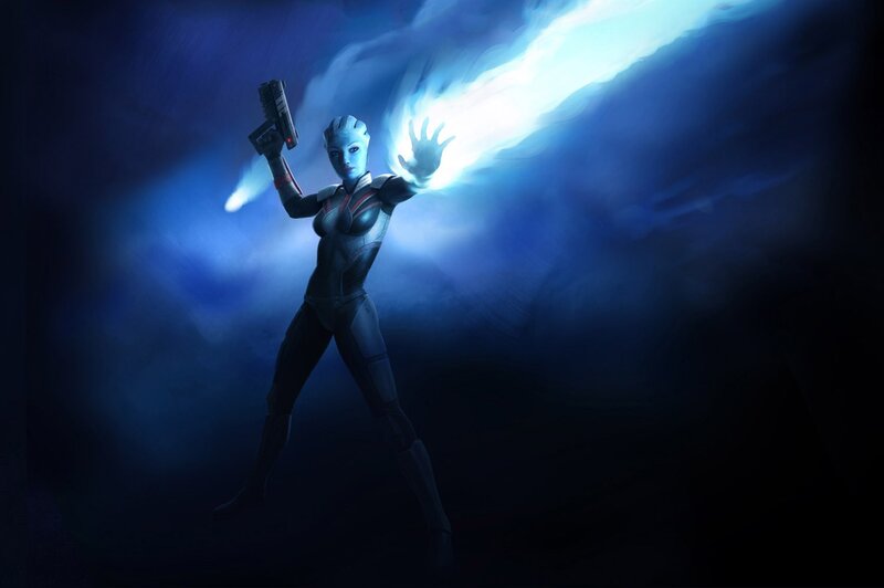 blue alien woman with energy blast