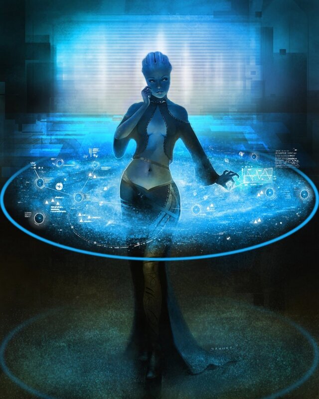 blue alien woman with hologram