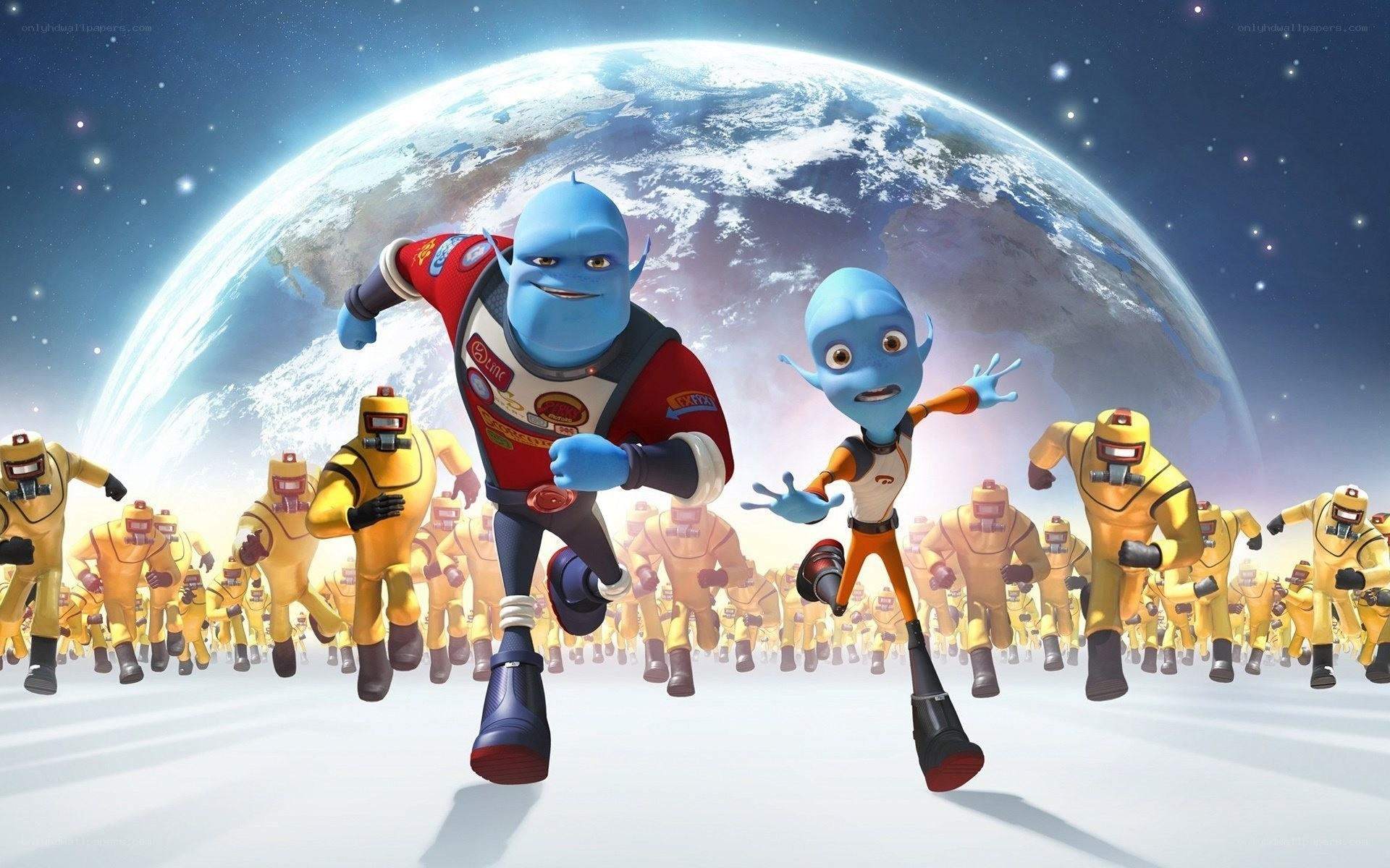 blue aliens running on space