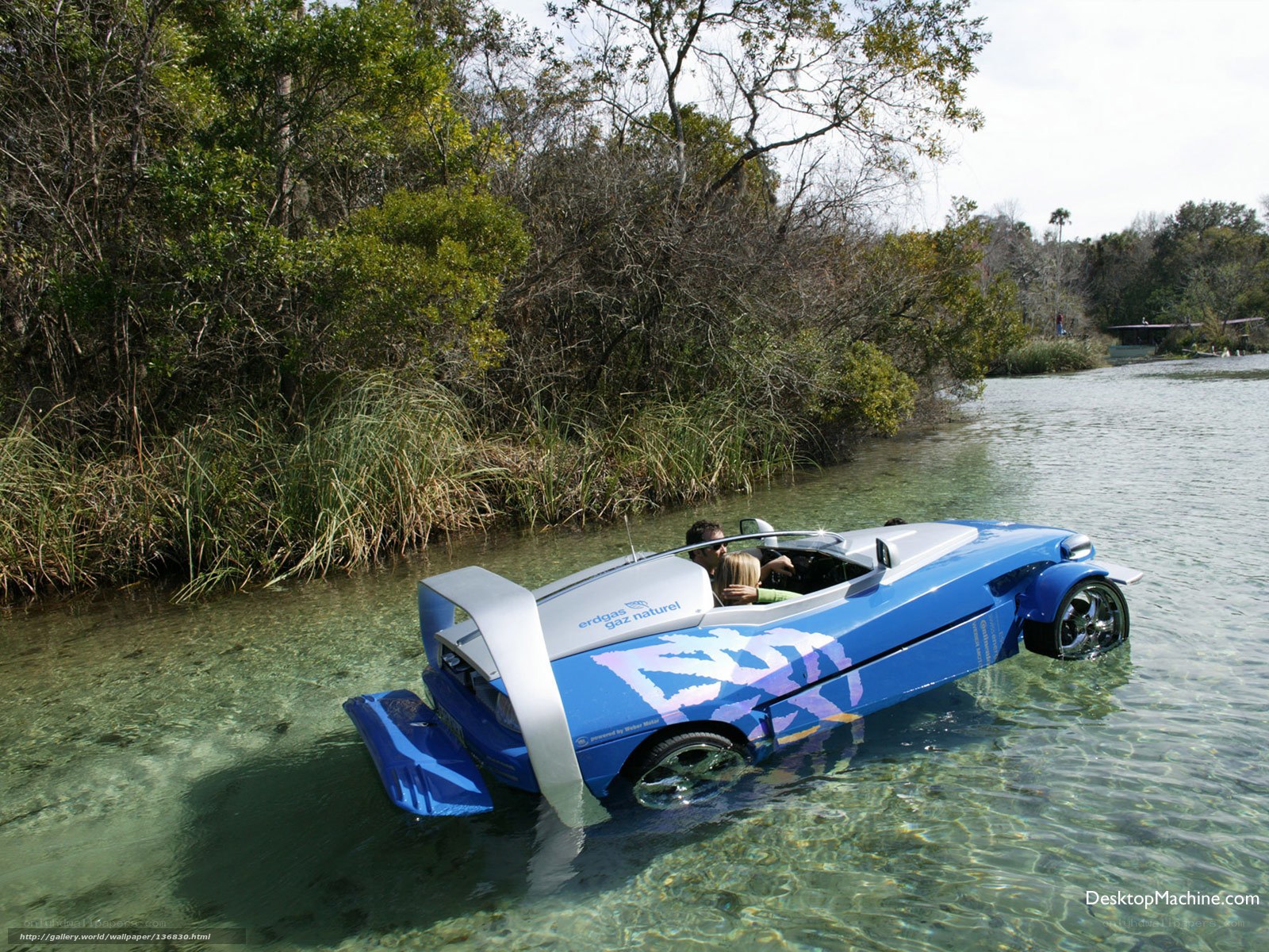 blue amphibious car in water