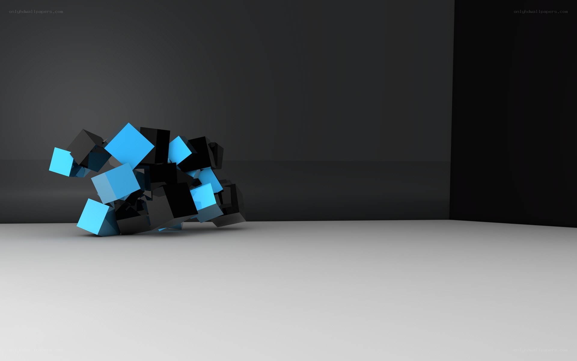 blue and black cubes in a room