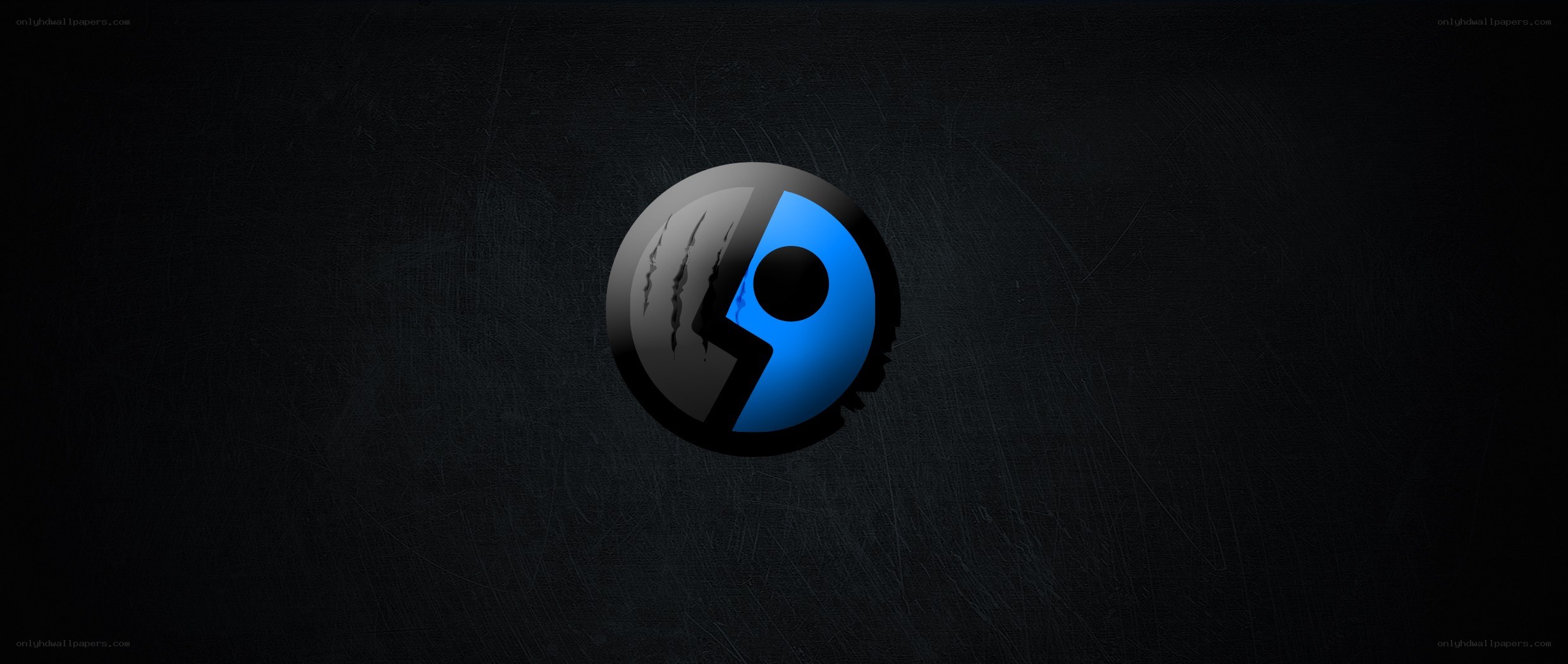 blue and black logo on dark background