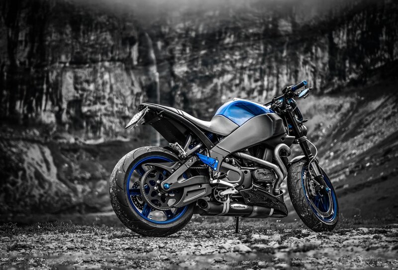 Blue and Black Motorcycle — Dramatic, Photograph, Mountain