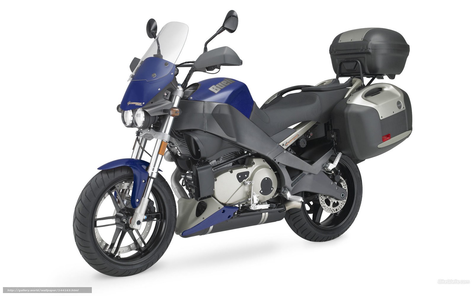 Blue and black motorcycle with luggage