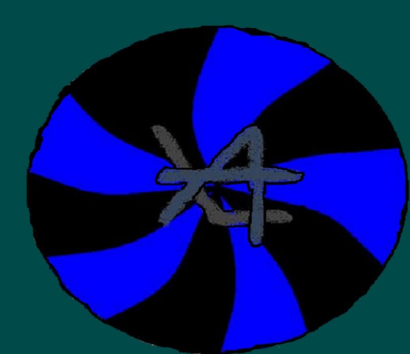 blue and black spiral with symbol