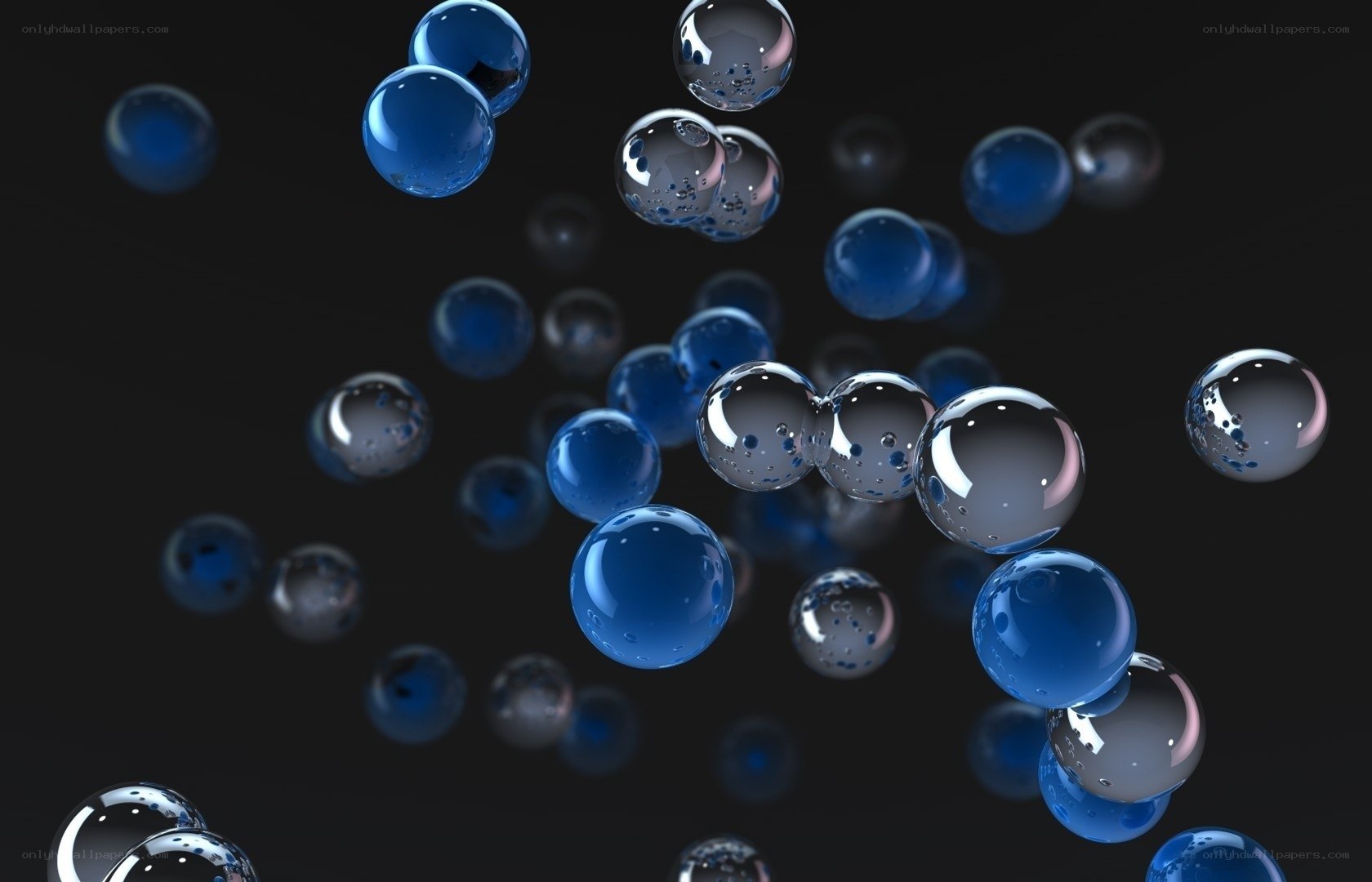 Blue and clear spheres floating