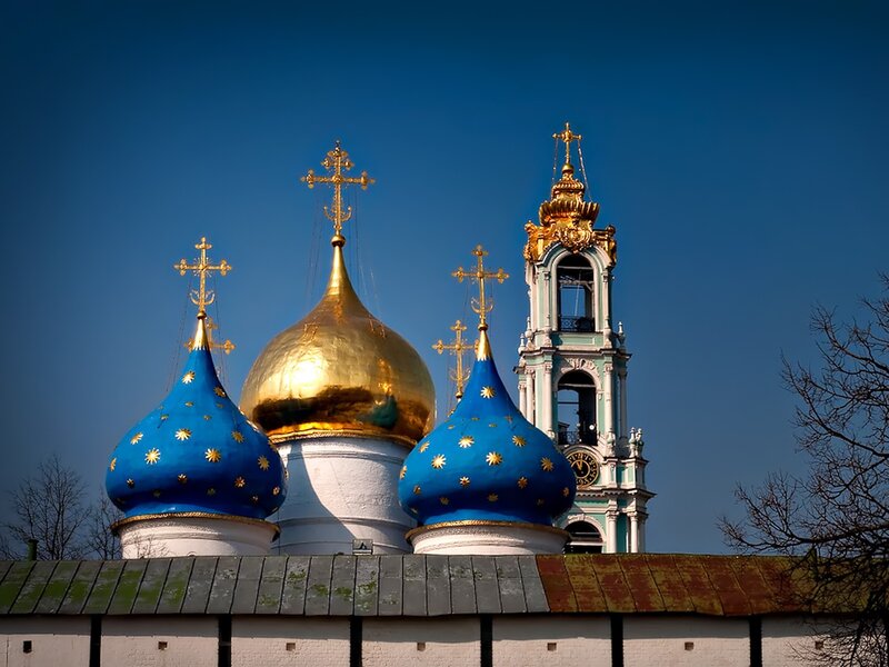 Blue and gold domes of a Russian church