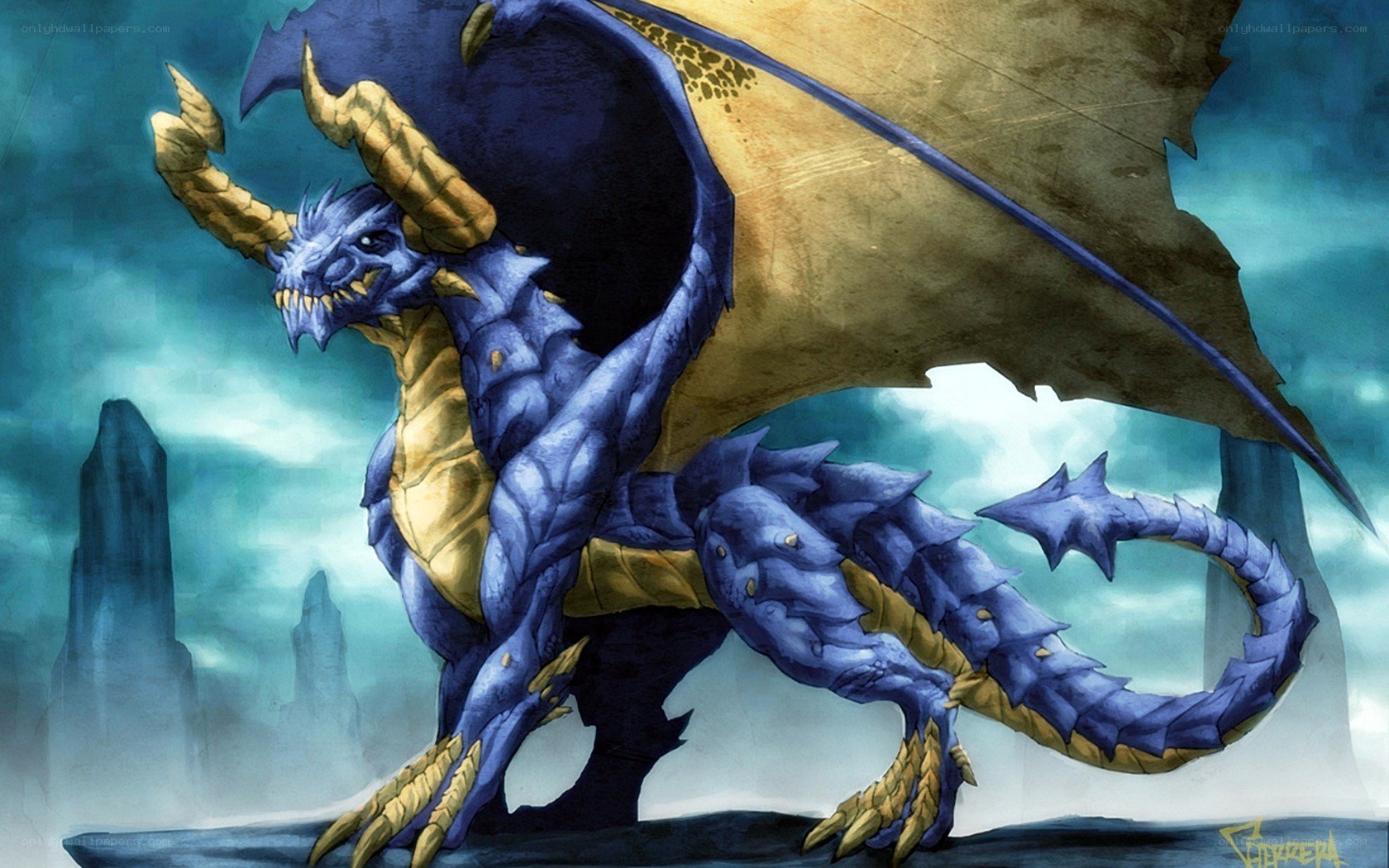 blue and gold dragon artwork