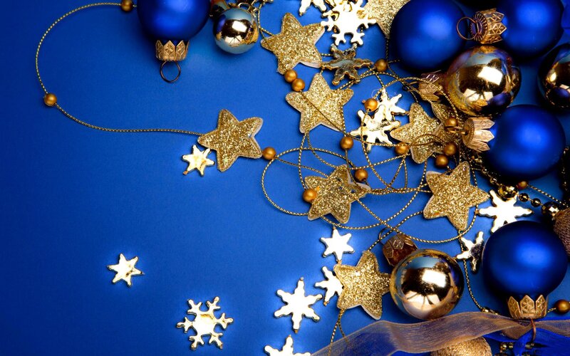 blue and gold holiday ornaments