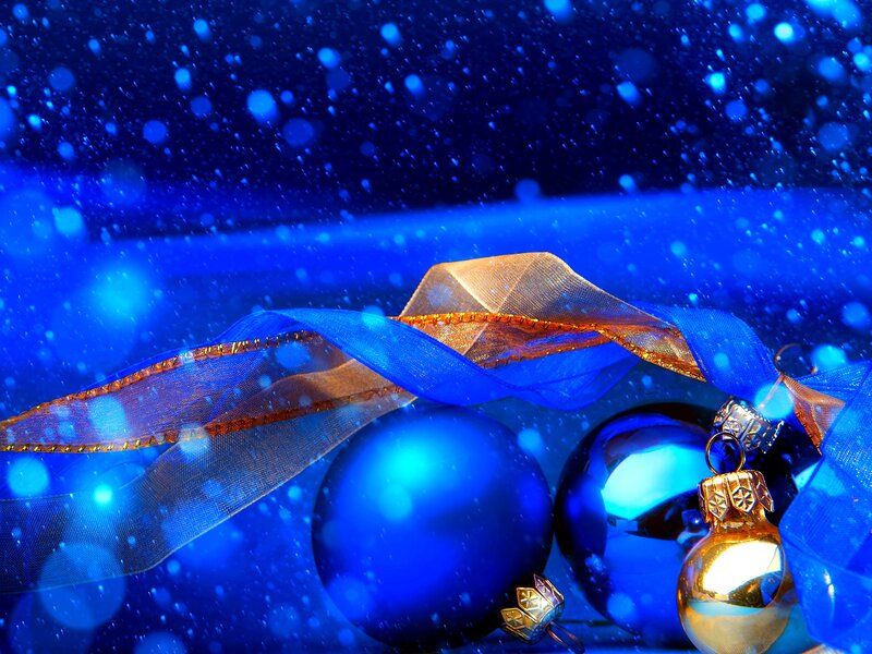 Blue and Gold Ornaments — Festive, Winter, Photograph, Ribbons
