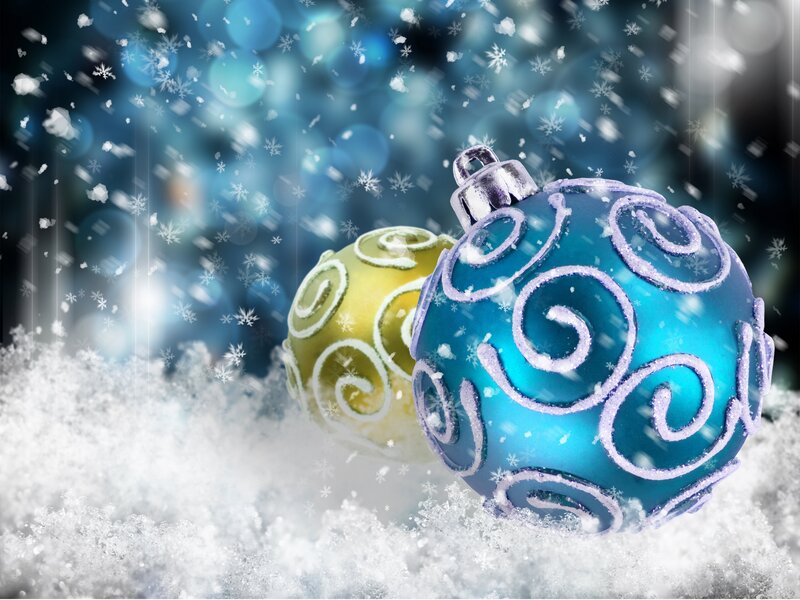 Blue and Gold Ornaments — Festive, Winter, Photograph, Snow