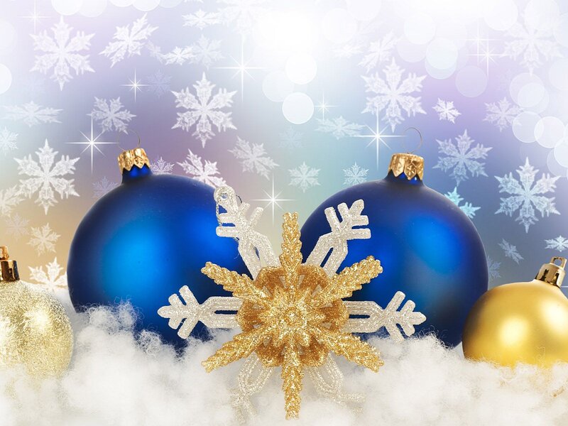Blue and Gold Ornaments — Festive, Winter, Photograph, Snowflakes