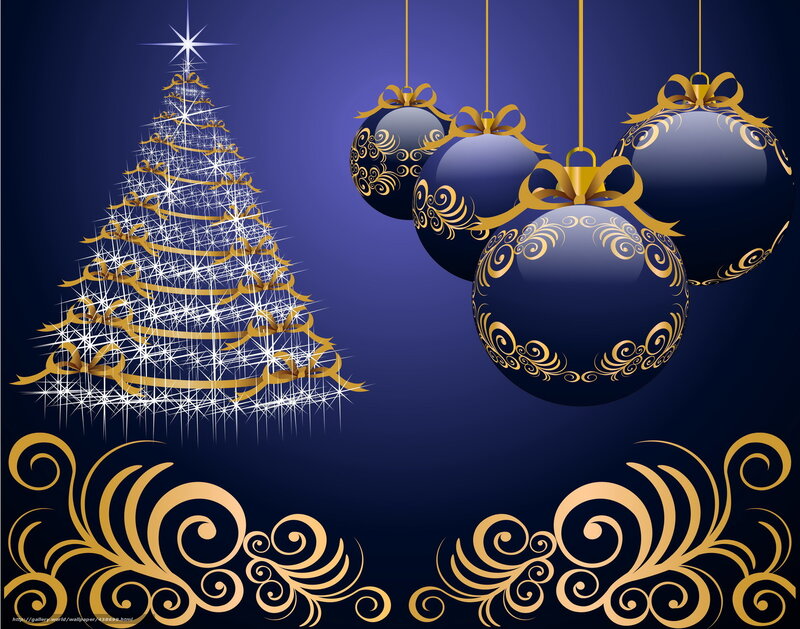 Blue and Gold Ornaments — Festive, Winter, Vector Art, Christmas Tree, Ribbons, Swirls