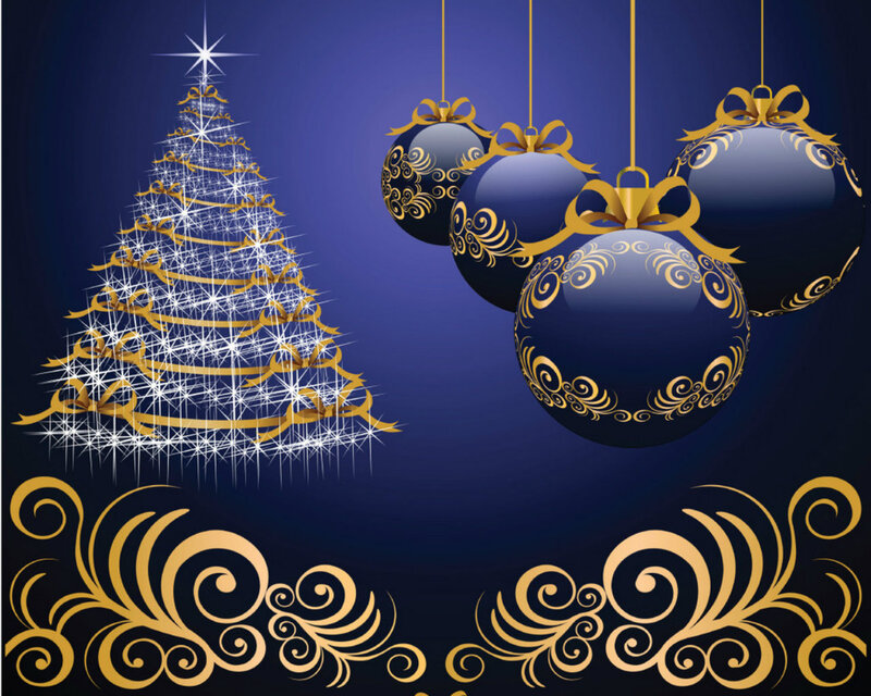 Blue and Gold Ornaments — Festive, Winter, Vector Art, Christmas Tree, Ribbons