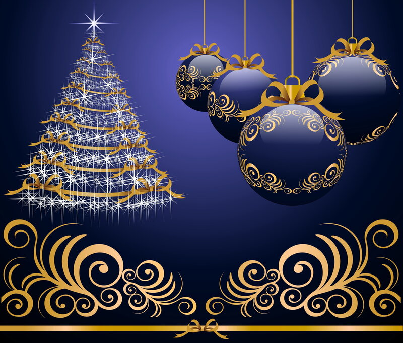Blue and Gold Ornaments — Festive, Winter, Vector Art, Christmas Tree