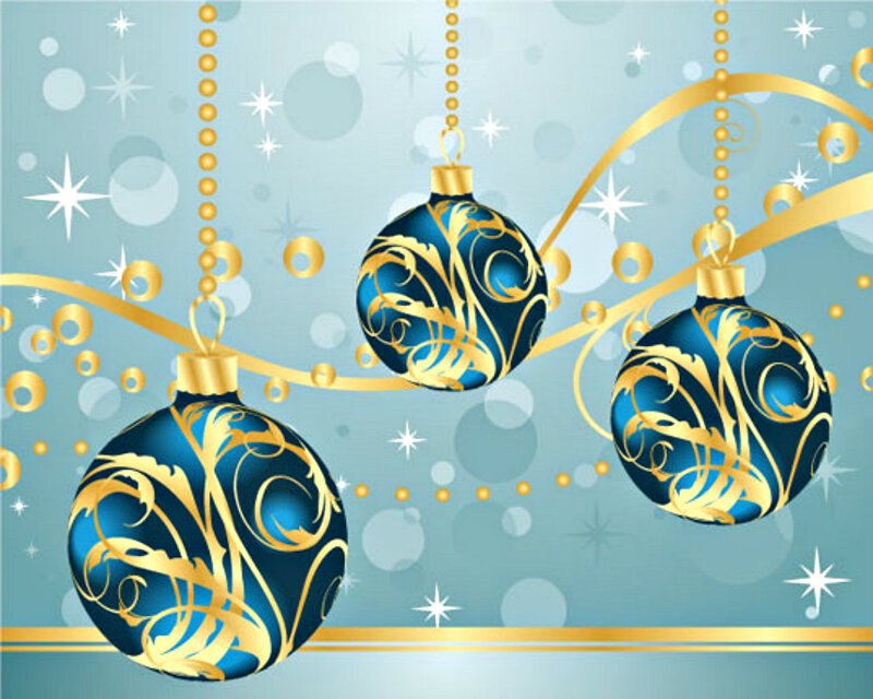 Blue and Gold Ornaments — Festive, Winter, Vector Art, Ribbons