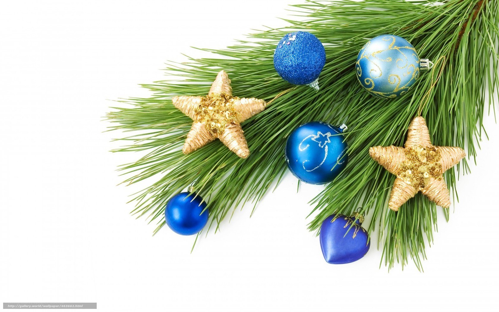 blue and gold ornaments on pine