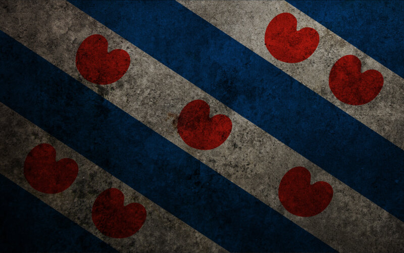 blue and gray striped flag with red hearts