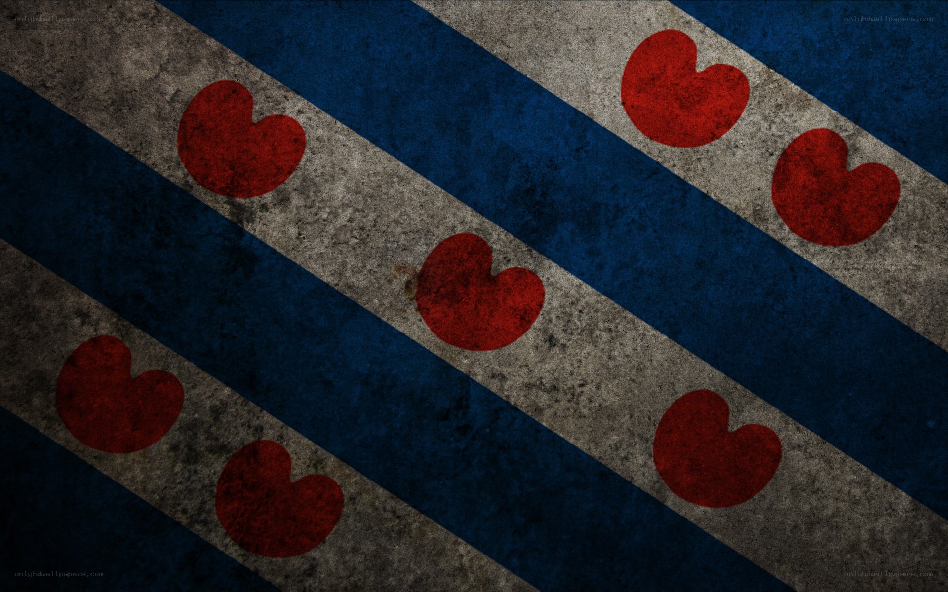 blue and gray striped flag with red hearts
