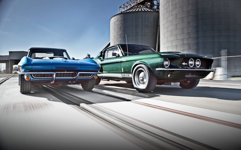 Blue and Green Classic Cars