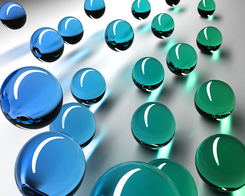 Blue and green glass spheres