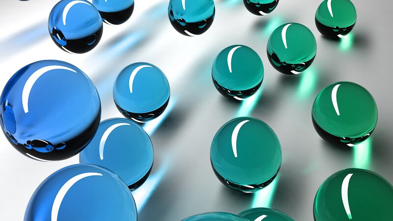 Blue and green glass spheres