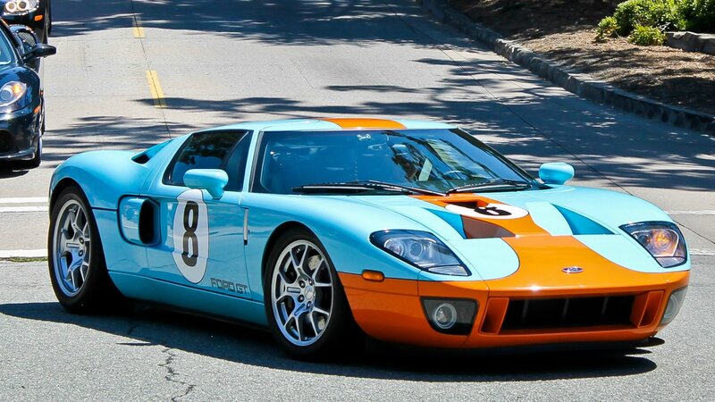 Blue and orange Ford GT race car