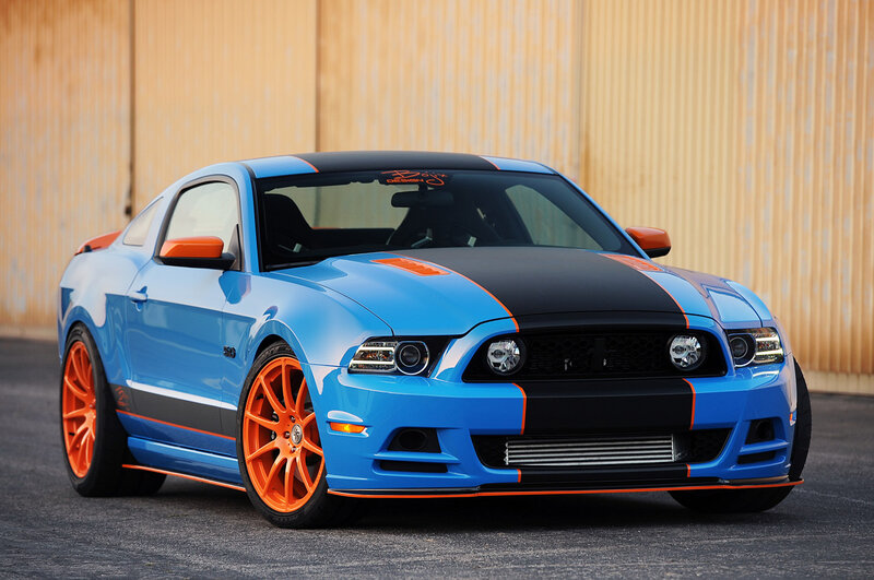 Blue and Orange Ford Mustang