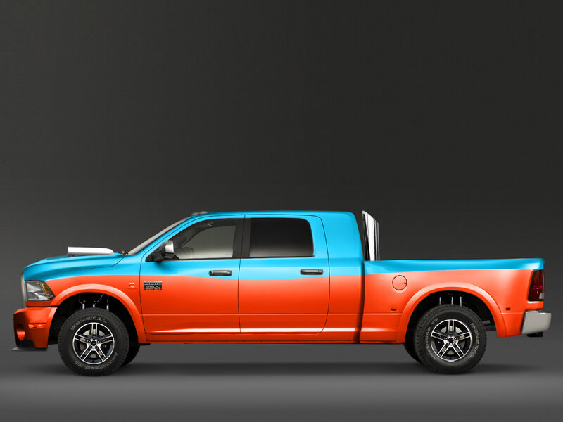 blue and orange pickup truck