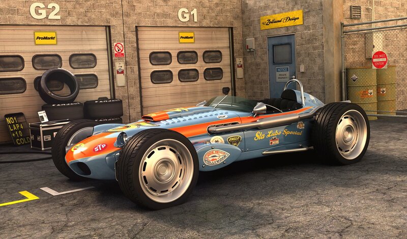 Blue and orange race car in garage