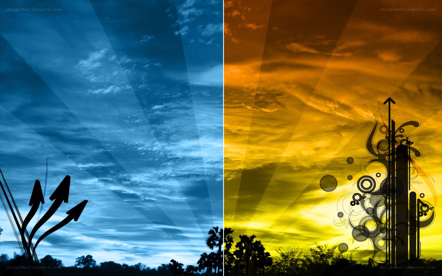 Blue and orange sky with arrows