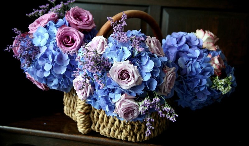 Blue and purple flower arrangement