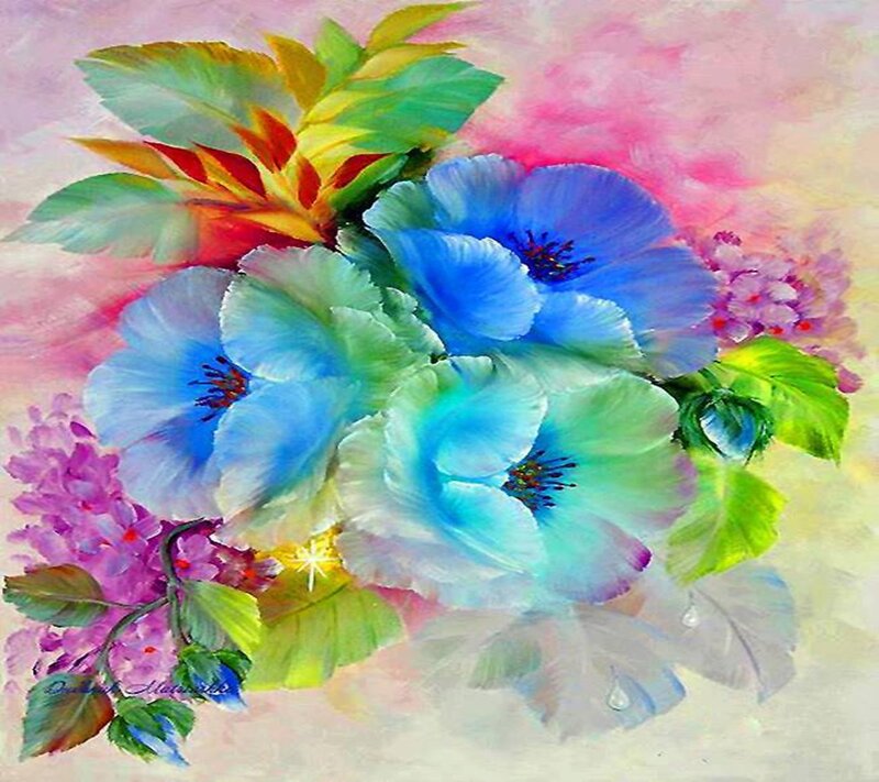 Blue and Purple Flowers — Serene, Painting, Leaves