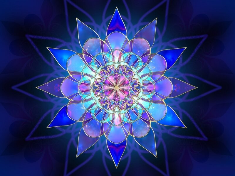 Blue and Purple Mandala — Serene, Digital Art, Flower, Star, Gold