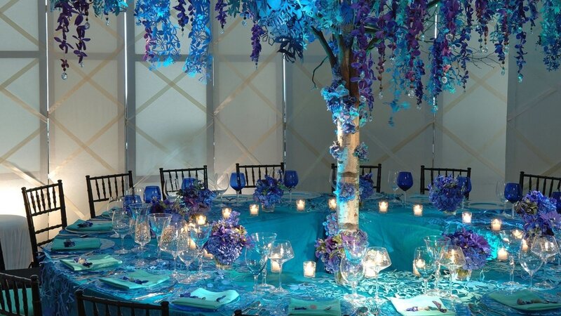 Blue and purple wedding centerpiece