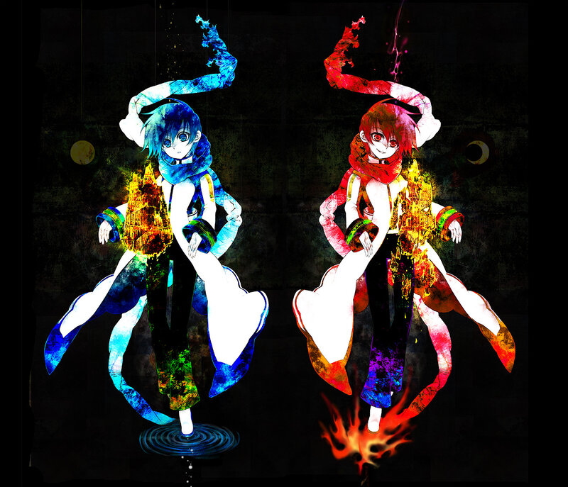 Blue and red anime characters dancing