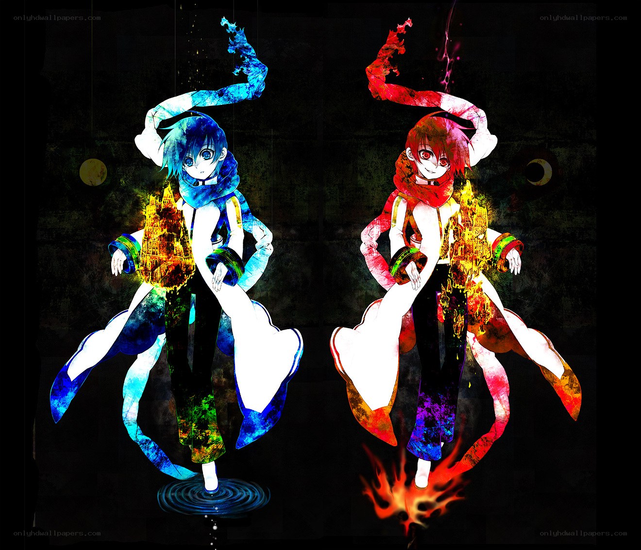 Blue and red anime characters dancing