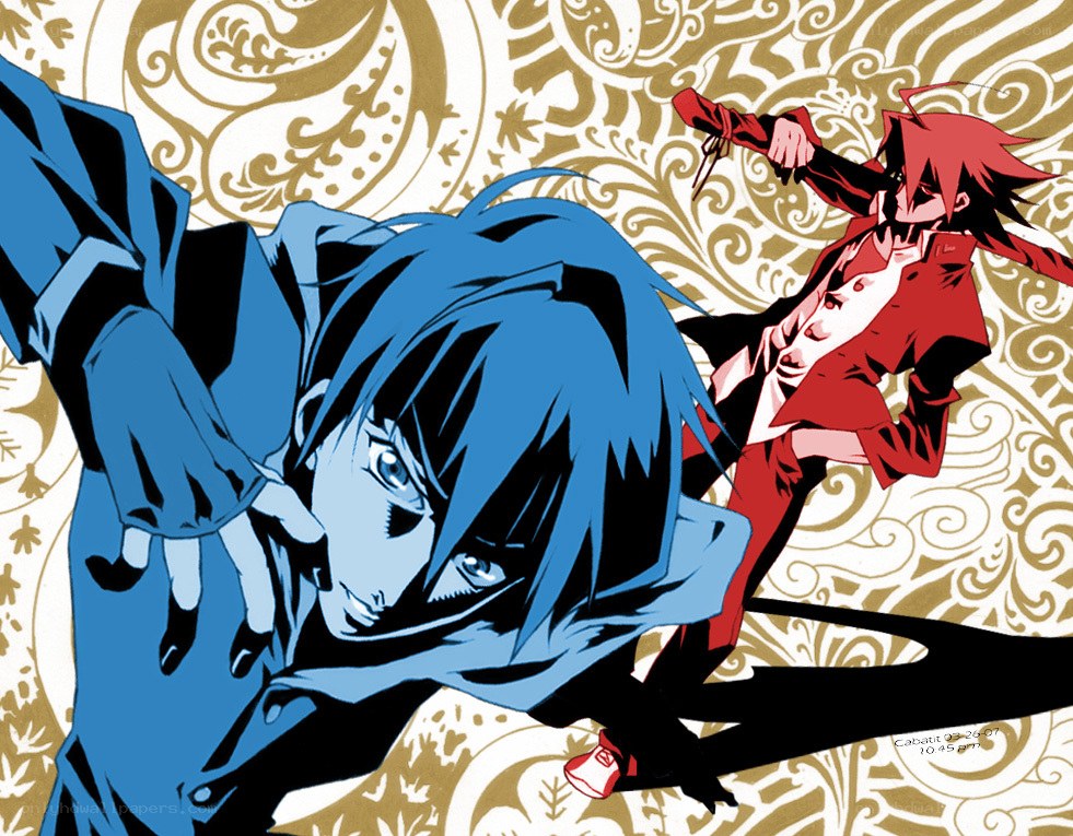 Blue and red anime characters in action