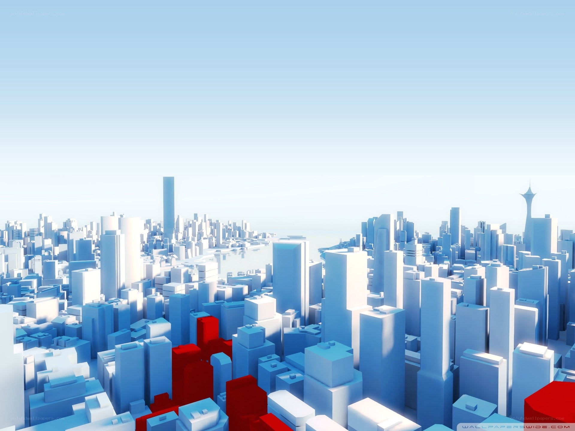 Blue and red city skyline