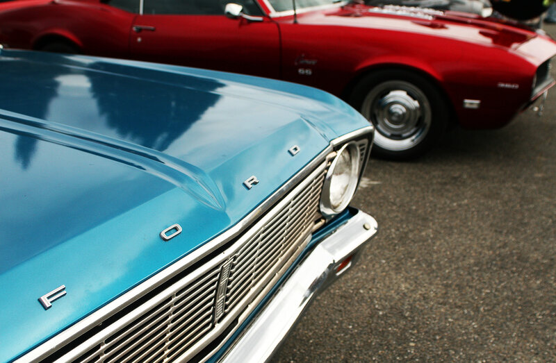 Blue and Red Classic Cars