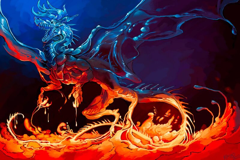 Blue and red dragon artwork