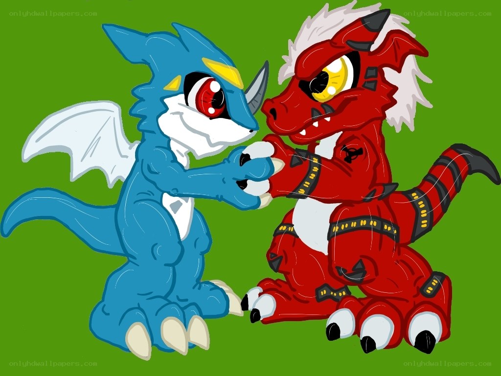 Blue and red dragon friends
